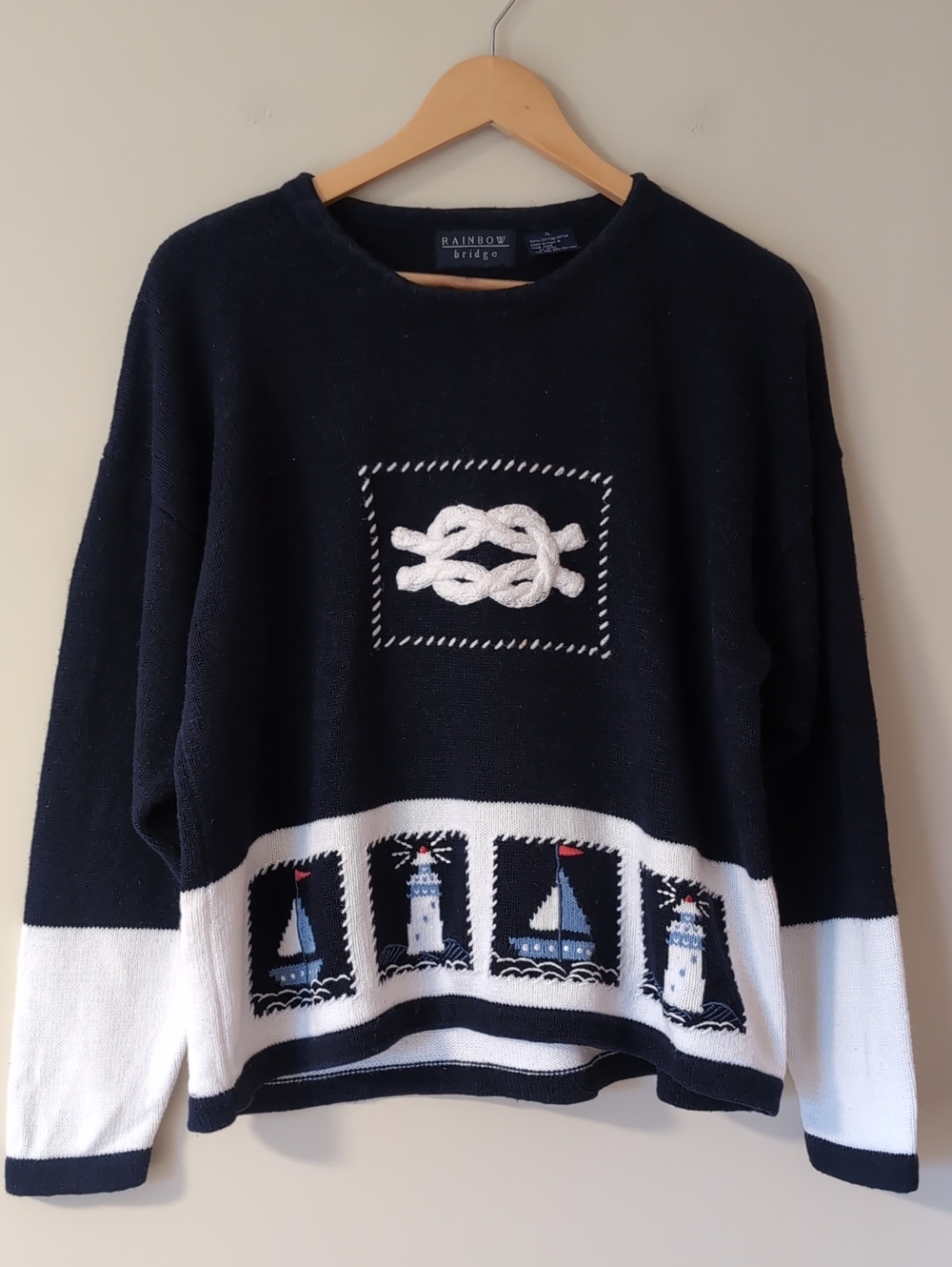 Vintage Nautical Novelty Knit Lighthouse Sailing Cotton Crewneck Sweater XL